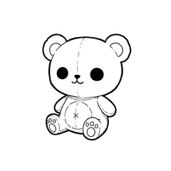 Fototapeta premium Hand drawn ink sketch of Kawaii Tiny Teddy Bear plushie isolated on white. Chibi toy stamp.