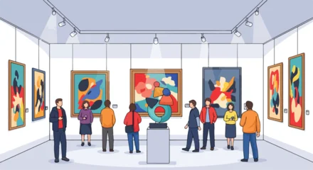 Gordijnen Abstracte kunst People view vibrant abstract art pieces on display in a modern art gallery on a day filled with culture and world art.  © Mei Studio