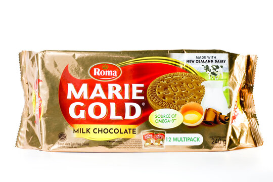 close up a pack of Roma Marie Gold milk chocholate biscuits isolated on white background