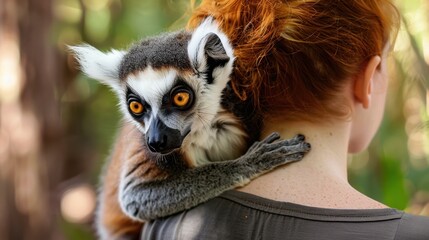 Fototapeta premium A young Caucasian woman with red hair stands outdoors, holding a ring-tailed lemur on her shoulder. The background features lush greenery.