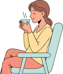 Woman enjoying a warm beverage in a chair