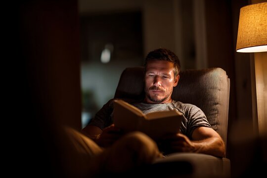 Man relaxing reading book by lamp light at night
