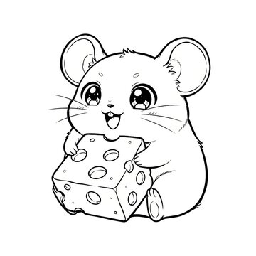 Hand drawn ink sketch of Kawaii Anime Mouse with cheese isolated on white. Chibi rodent stamp.