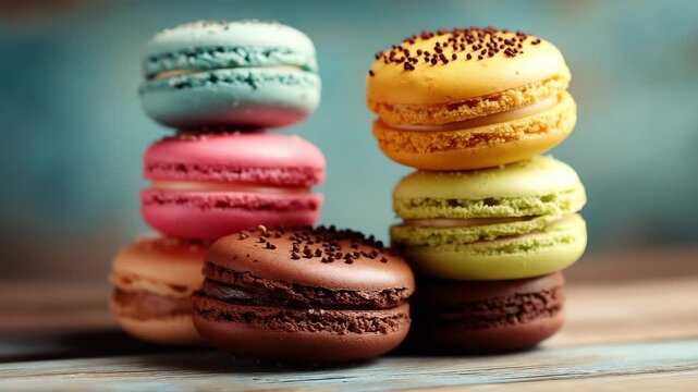 Brightly colored macarons in flavors like chocolate, vanilla, pistachio, and raspberry are artfully stacked on a wooden table. The vibrant hues enhance their appealing presentation.