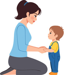 Mother Kneeling Holding Hands with Young Child