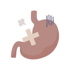 Illustration of an unhealthy-looking stomach with a bandaid on it