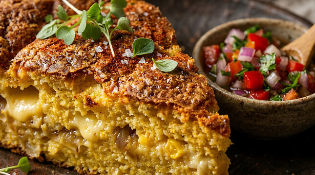 Traditional Paraguayan Sopa Paraguaya Extreme Close-Up with Cheesy Corn Bread and Rustic Texture, Ultra-High-Resolution Food Photography