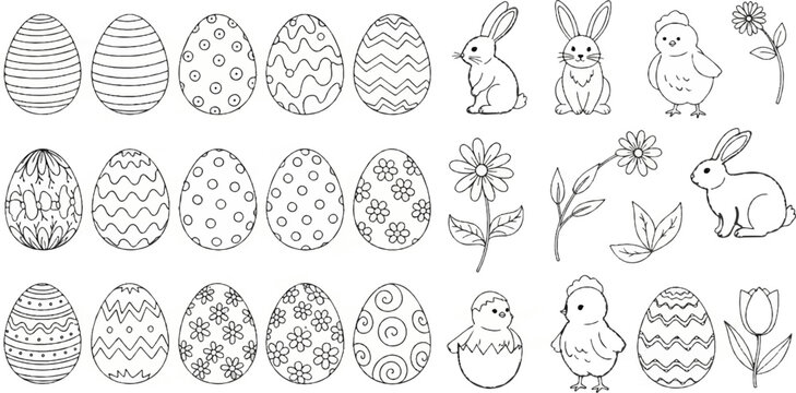 Whimsical line art collection of decorated Easter eggs, bunnies, and chicks