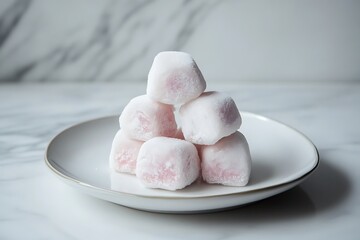 A tiny pile of colorful mochi ice cream arranged on a dish.