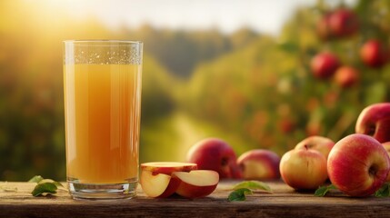Fototapeta premium hyperrealistic glass of fresh apple juice in foreground, sliced red apples and whole apples nearby, blurred apple orchard background, soft morning