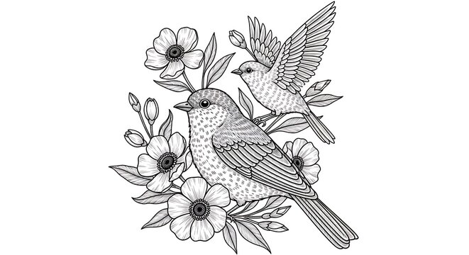 Artistic illustration of two birds with flowers in black and white