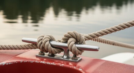 Fototapeta premium Boat rope tied to metal cleat on red vessel, showcasing nautical knot craftsmanship. Braided boat rope secured firmly, calm water surface reflects distant greenery.