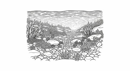 Obraz premium Underwater view of a rocky stream bed with aquatic plants and ripples