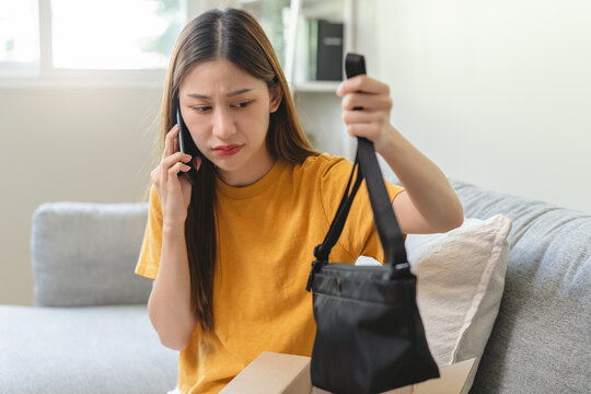 Young woman customer calling to ecommerce client support to complaint about product problem and dissatisfied issue.