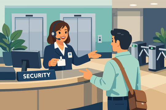 Security guard greeting visitor at reception desk, managing access system