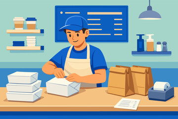 Naklejka premium Fast food worker preparing takeout meals for online order delivery service