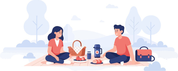 Obraz premium Two people enjoying a picnic outdoors with food and drinks