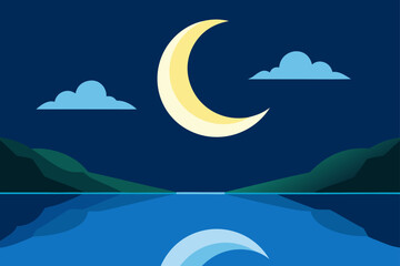 Obraz premium Vector illustration of crescent moon over calm lake at night