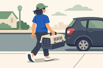 Obraz premium Woman carrying pet carrier to car, providing pet transport for vet visit