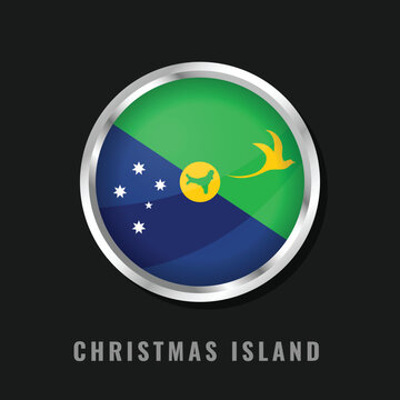 Circular glossy flag of Christmas Island with a silver frame. Features the green and blue fields with the golden bosun bird and southern cross, symbolizing the island's nature.
