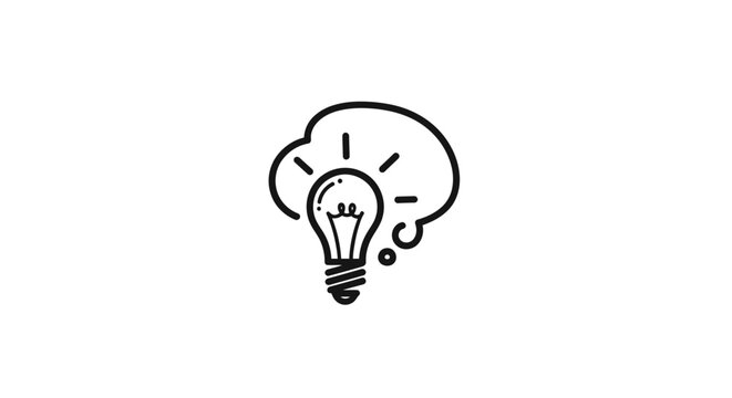 Simple black line drawing of a lightbulb inside a thought bubble, symbolizing an idea or inspiration.