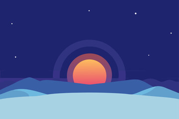 Fototapeta premium Vector sunset over snowy mountains at night