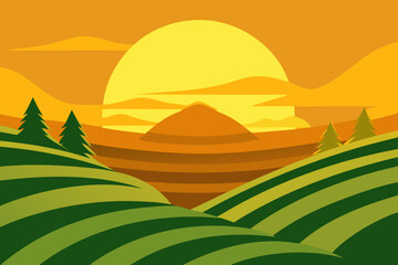 Obraz premium Vector landscape illustration of rolling hills at sunset