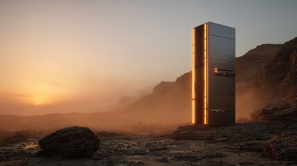 Metallic monolith with orange lights on alien desert. Futuristic mystery.