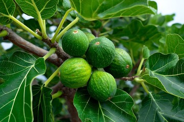 Fototapeta premium Green figs growing on branch of fig tree