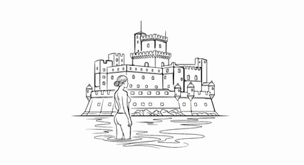 Fototapeta premium Woman in water facing imposing castle with towers, turrets, and ramparts
