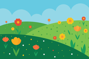 Vector illustration of colorful flowers on green hills