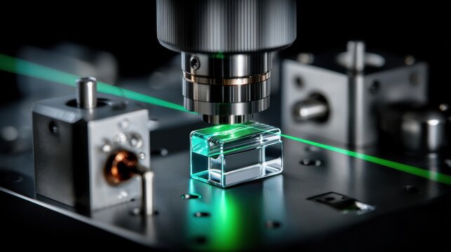 Green laser illuminates transparent block under device. Represents optical technology and scientific research.