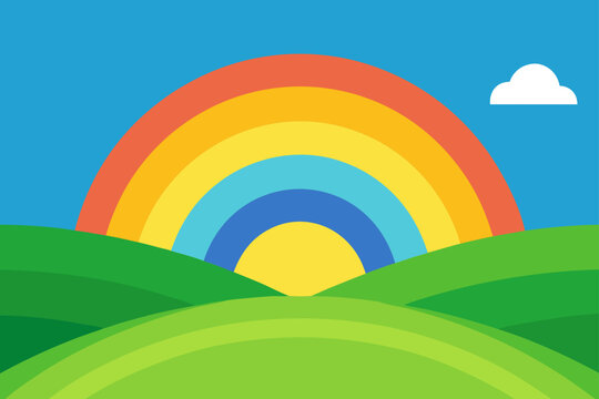 Vector illustration of a colorful rainbow over green hills