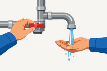 Person managing water supply from pipe system, turning valve to save resource