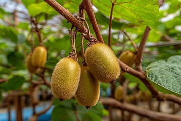 Kiwi fruit growing on a vine in an orchard
