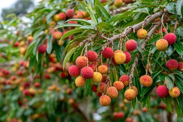 Lychee fruit ripening on tropical tree branch