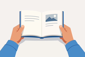 Hands holding open book reading a story, learning and studying education