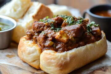 A hollow loaf packed generously with hot curry flavors.