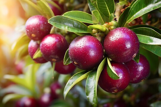 Ripe syzygium cumini fruits growing on tree branch