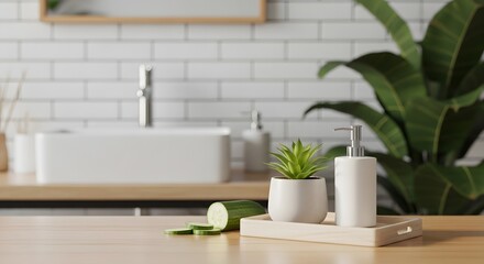 Fototapeta premium Clean bathroom countertop with white soap dispenser potted succulent and fresh cucumber slices on wooden tray against white subway tiles