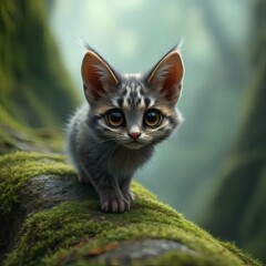 Fototapeta premium Adorable kitten perched on a mossy branch in a lush forest.