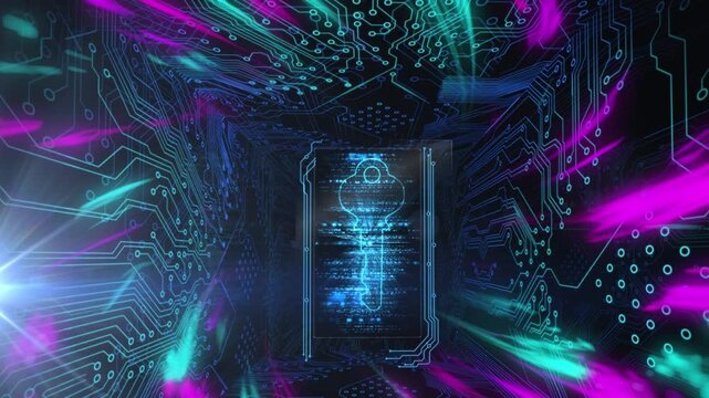 Animation of digital waves over security key icon and microprocessor connections on black background