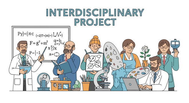 Diverse team collaborating on interdisciplinary project with science and art