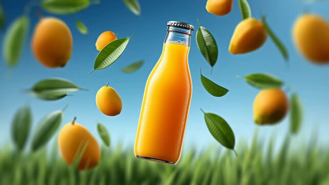 Bright orange juice bottle surrounded by floating mangoes and green leaves against a clear blue sky, showcasing a refreshing tropical beverage scene with vibrant colors
