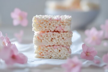 A pile of crunchy rice treats sliced evenly into tidy squares.