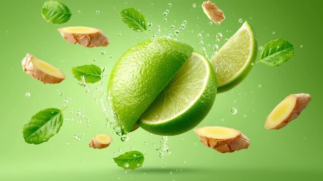 Fresh green limes and ginger slices splash in water, surrounded by mint leaves, creating a vibrant and refreshing composition against a green background