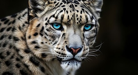 Obraz premium Close-up portrait of a majestic snow leopard with striking blue eyes against a dark, blurred background.