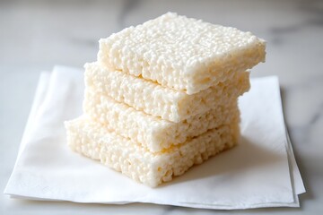 A pile of crunchy rice treats sliced evenly into tidy squares.