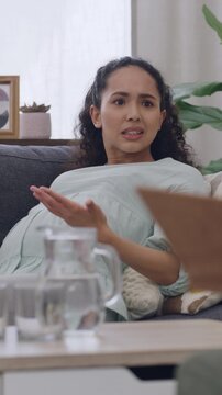 Talking, sofa and pregnant woman with psychologist in therapy for mental health, consulting or help. Perinatal psychiatry, patient or doctor notes for pregnancy anxiety, psychosis diagnosis or advice