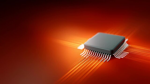 Microchip with metallic pins illuminated by orange light, showcasing gradual movement and dynamic flow of light across the surface in a visually striking setting